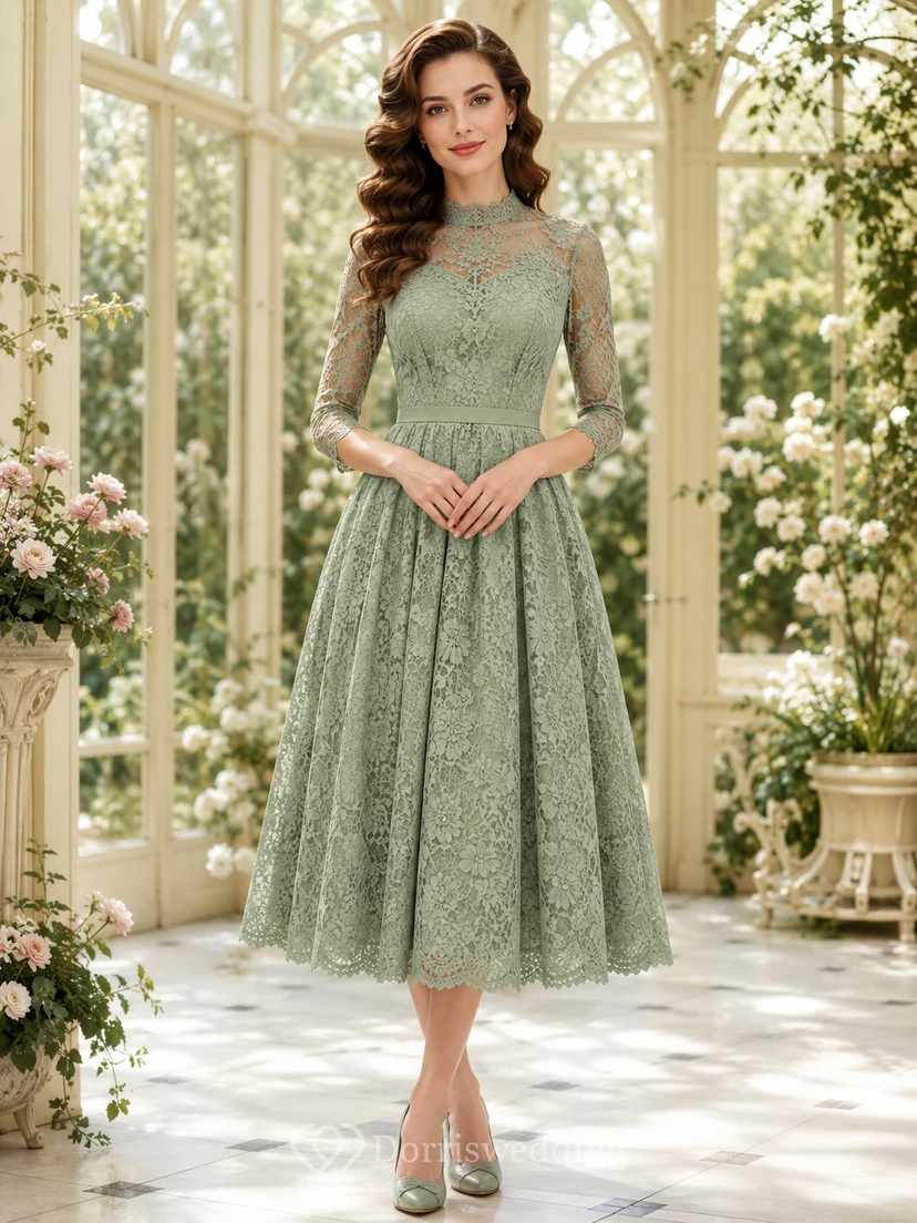 Salbeigrünes, dreiviertelärmeliges A-Linien-Kleid aus Spitze in Teelänge