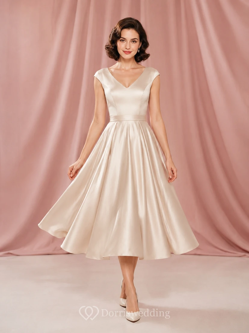 Champagne V Neck Cap Sleeve Satin Tea Length Wedding Dress