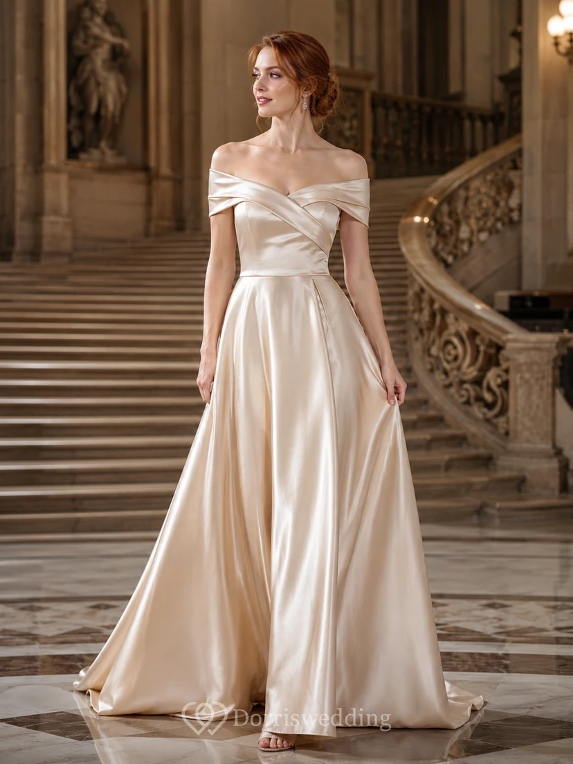 Vestido de fiesta largo de satén color champán con escote de hombros descubiertos y corte en A.
