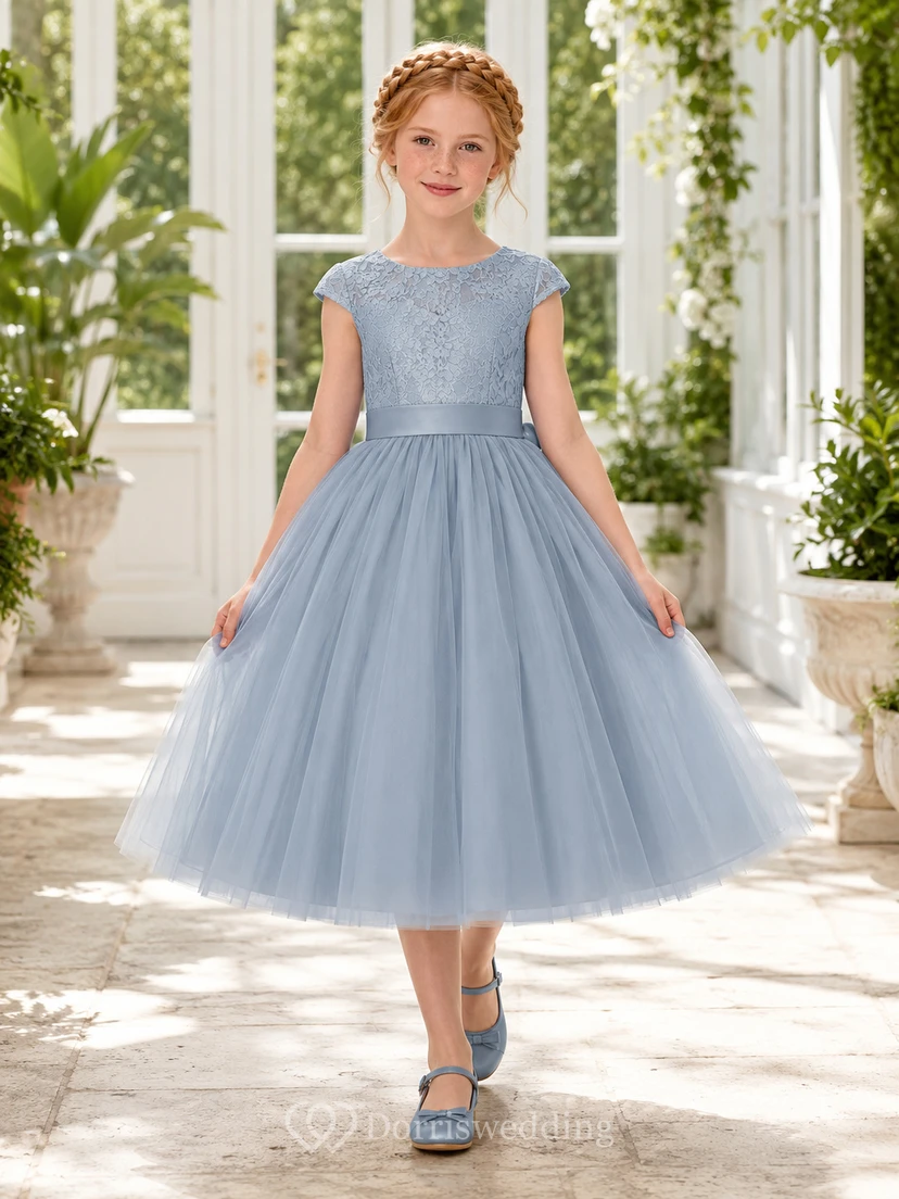 Flower Girl Dress Steel Blue Tulle A-Line Jewel Neck Tea Length Bow Back