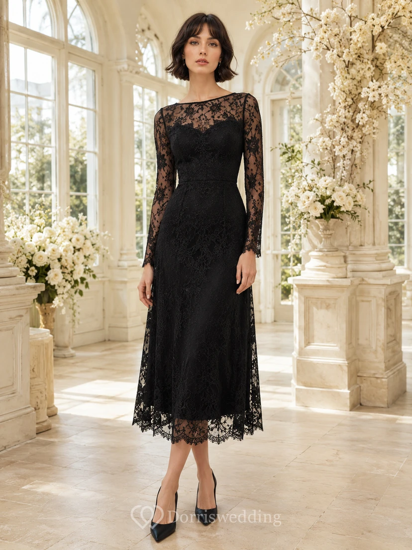 Vestido de noche negro ajustado de encaje con escote joya y largo midi para invitadas.