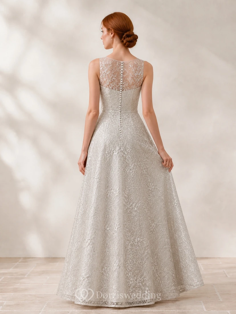 Modest Silver A-Line High Neck Glitter Lace Floor-length Evening Dress view 2