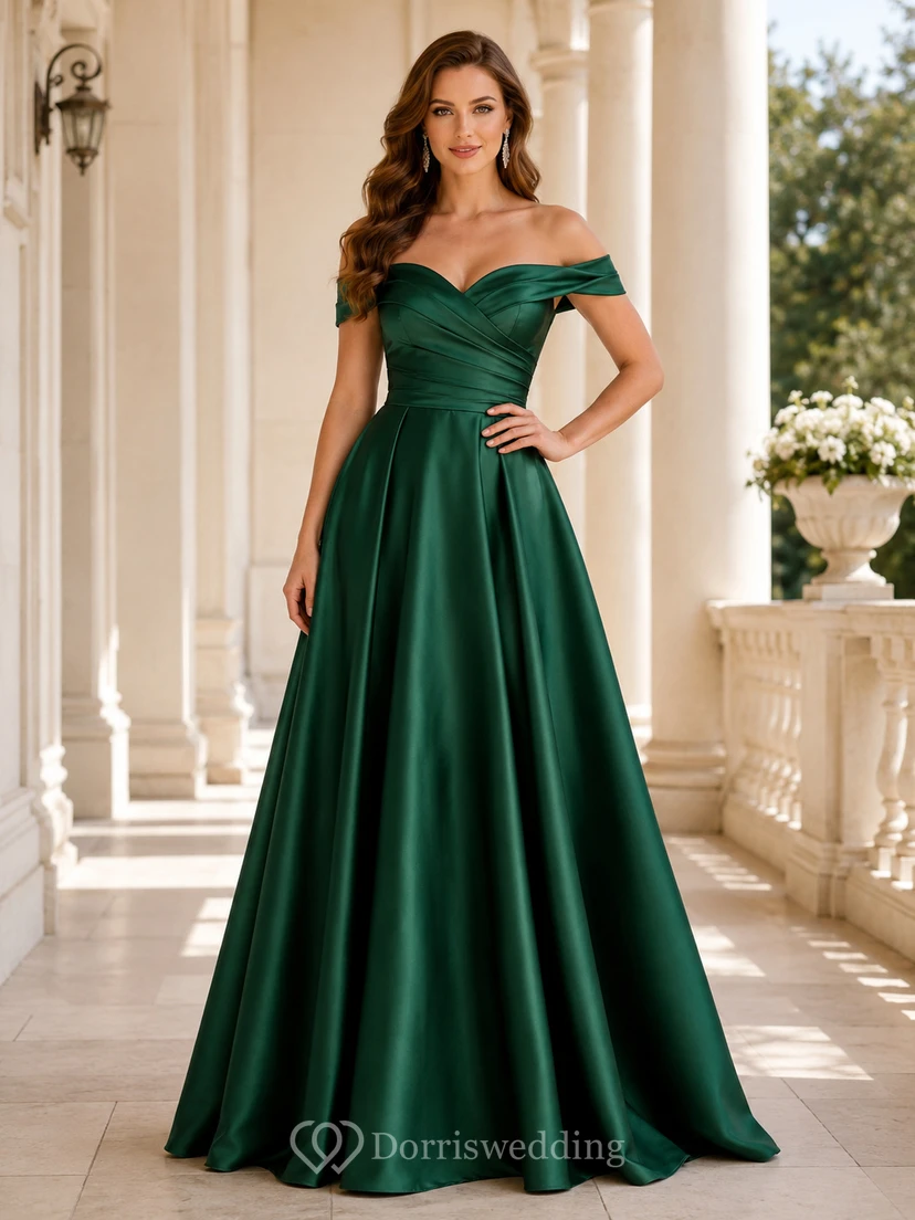 Emerald Off Shoulder Satin A-Line Floor Length Formal Dress