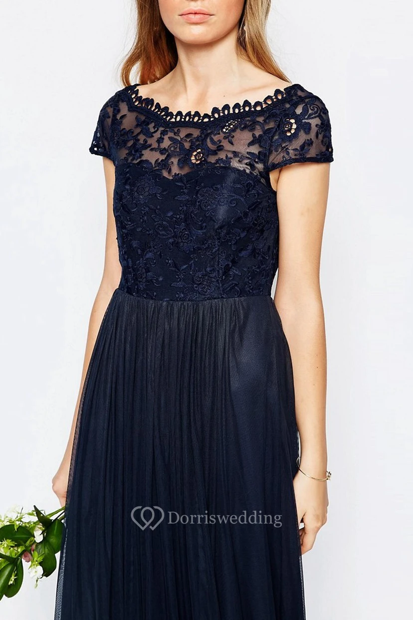 A-Line Appliqued Bateau-Neck Floor-Length Short-Sleeve Chiffon Bridesmaid Dress With Pleats view 3