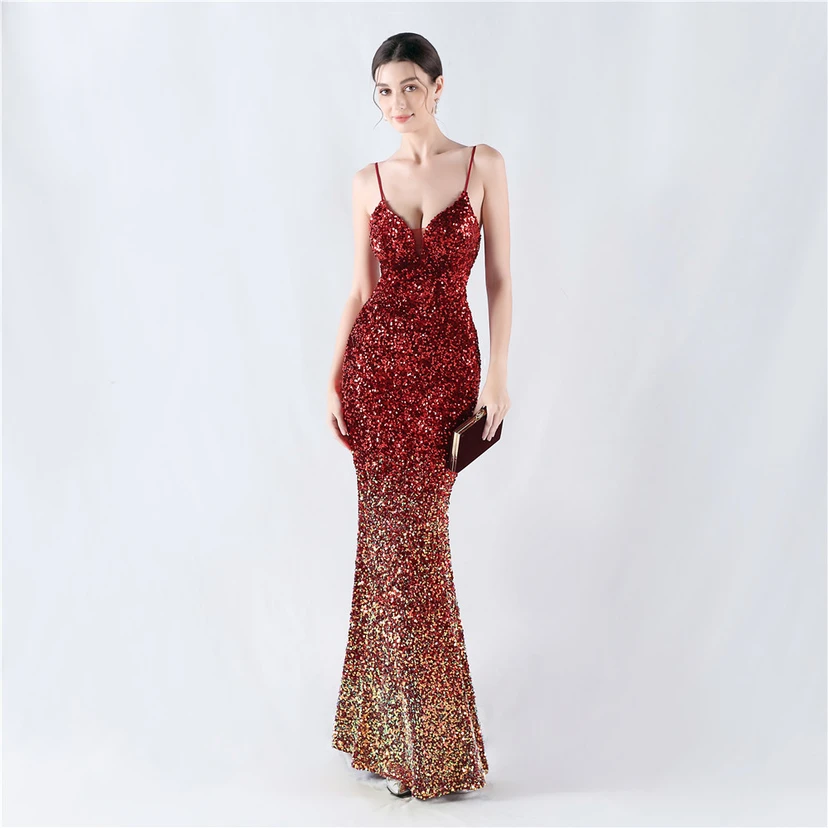 Samtiger, farbverlaufender, perlenbesetzter, sexy Strumpfhalter-Abendkleid view 51