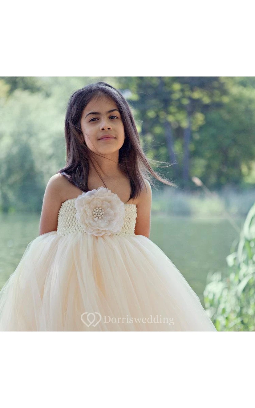 One-shoulder Empire Pleated Tulle Ball Gown With Flower view 5