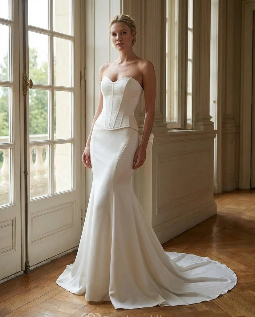 Corset Wedding Dress Mermaid Strapless Satin Bridal Gown with Lace Up Back