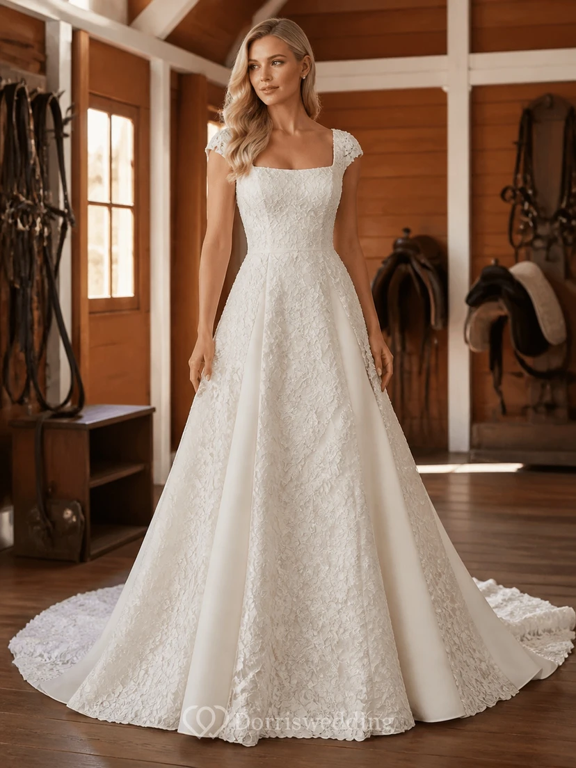 Vestido de novia estilo western vintage de encaje, cuello cuadrado y manga corta, largo hasta el suelo.