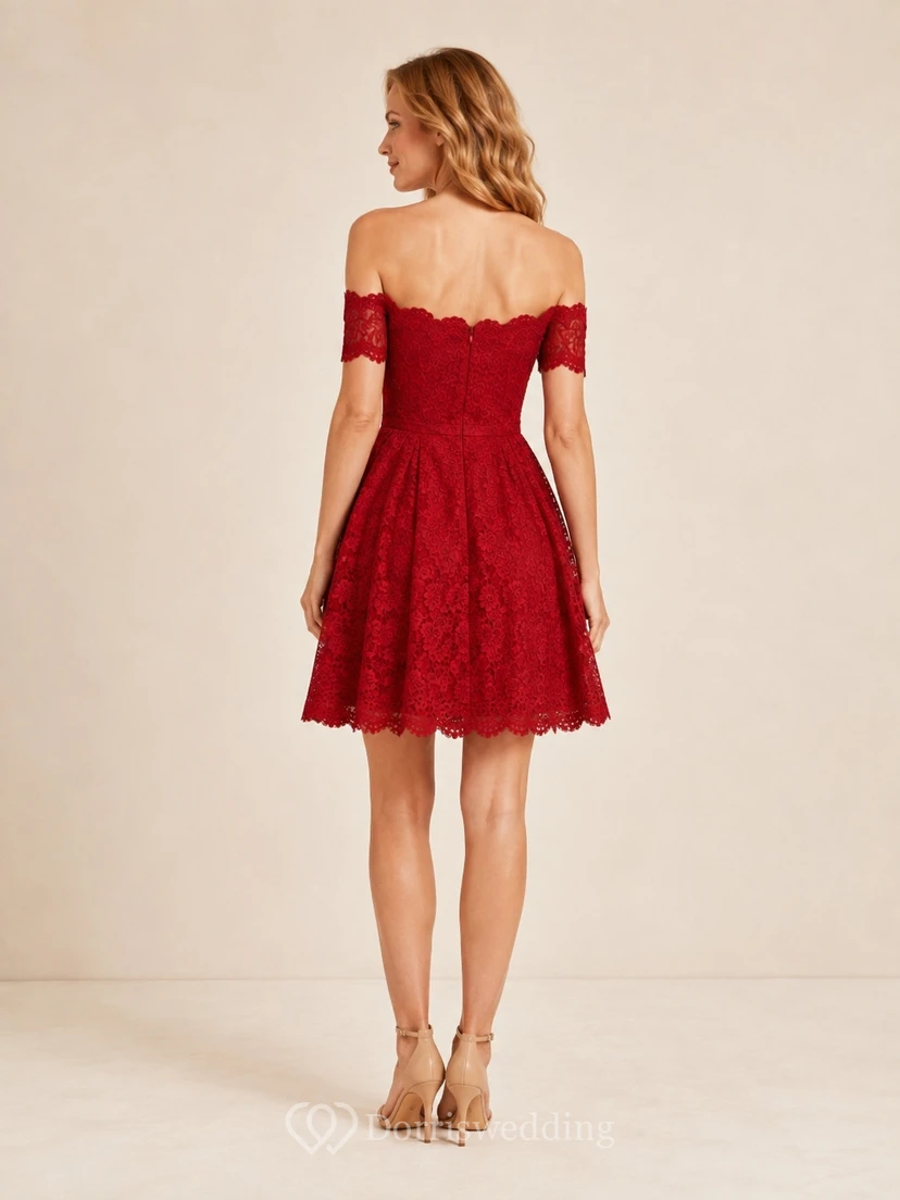 Rotes, schulterfreies A-Linien-Minikleid aus Spitze mit Muschelkanten an den Ärmeln view 2