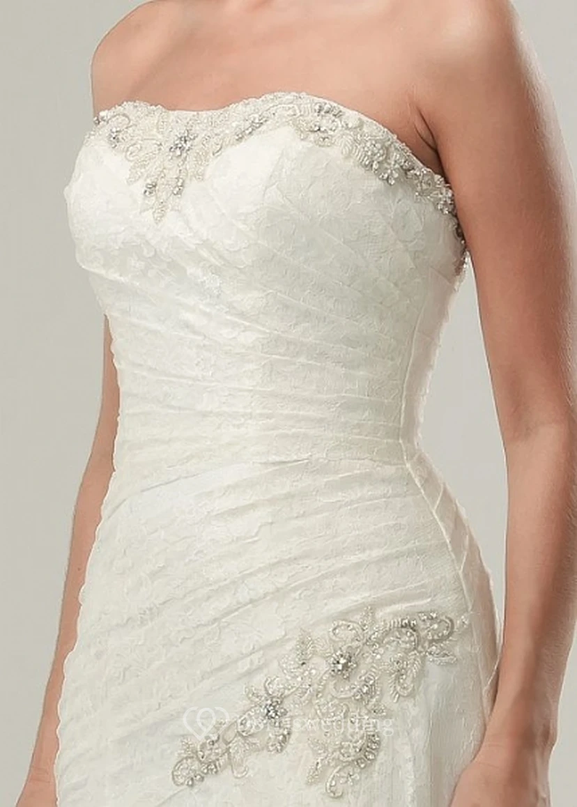 A-Line Floor-Length Beaded Sleeveless Strapless Lace Wedding Dress With Side Draping And Appliques view 3