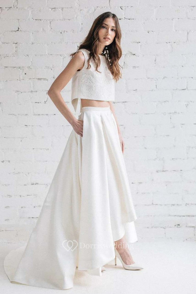 Bateau Sleeveless Two-Piece A-Line Satin Wedding Dress view 2