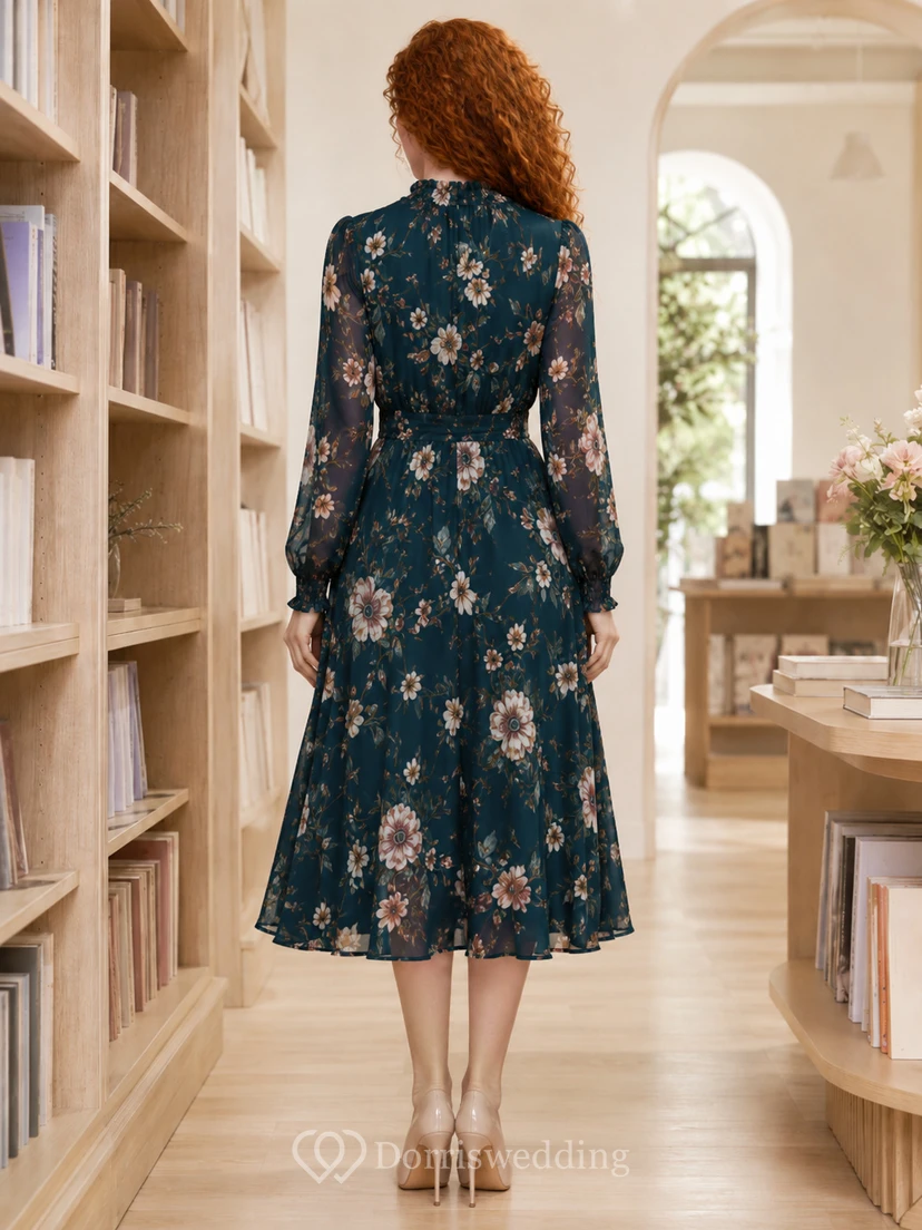 Navy floral high neck sheer sleeve bookstore midi dress view 2