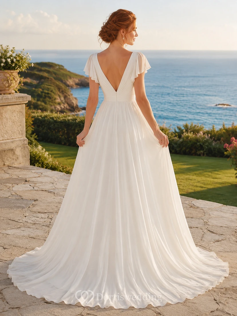 Chiffon-Hochzeitskleid, A-Linie, V-Ausschnitt, ärmellos, Kapellenschleppe, tiefer V-Ausschnitt am Rücken view 2
