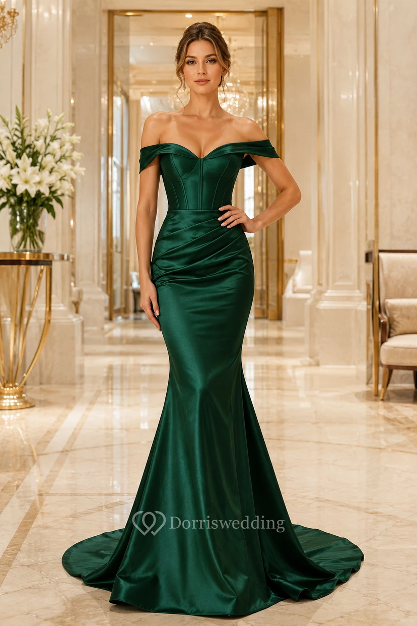 Dunkelgrünes schulterfreies Meerjungfrauen-Abendkleid aus Satin mit Schleppe