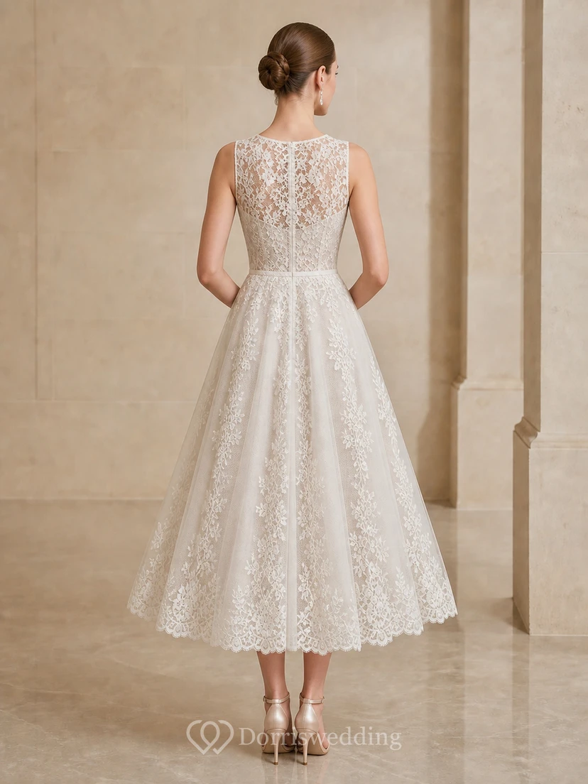Vintage Teelänge A-Linien-Kleid mit hohem Kragen und Spitzenapplikationen für standesamtliche Hochzeiten view 2