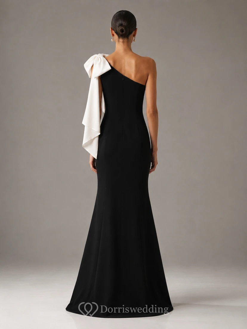 Mermaid Satin Evening Dress with One-Shoulder, Sleeveless and Bow(s) Drape, Floor Length view 2