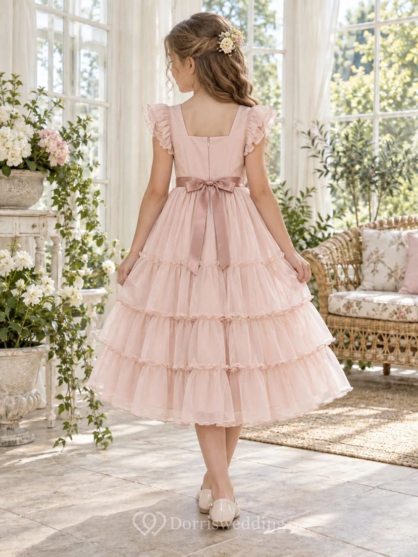 Vestido de niña de flores rosa con escote cuadrado, corte en A, tul y mangas con volantes, largo hasta la rodilla. view 2