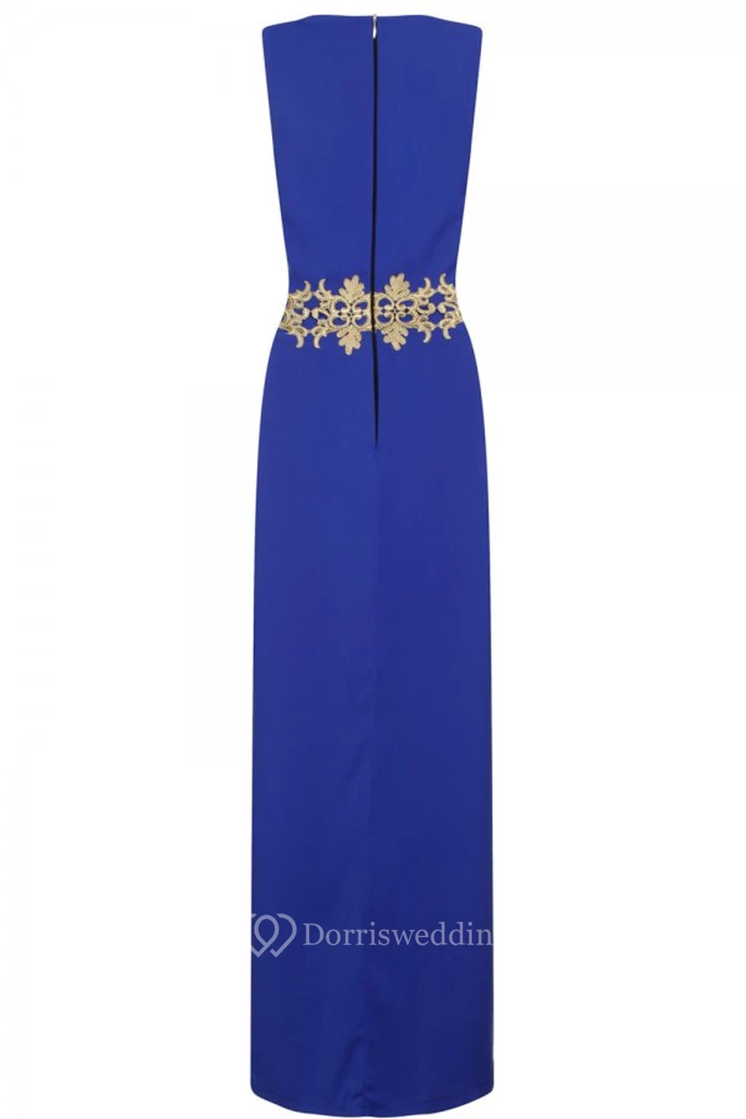 Cowl Neck Appliqued Sleeveless Satin Bridesmaid Dress With Split Front view 3