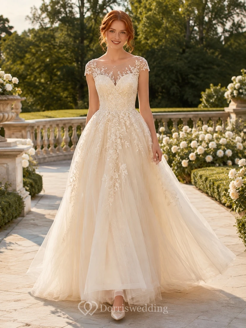 Modest Cap Sleeve Illusion Lace A-Line Sweep Train Romantic Wedding Dress