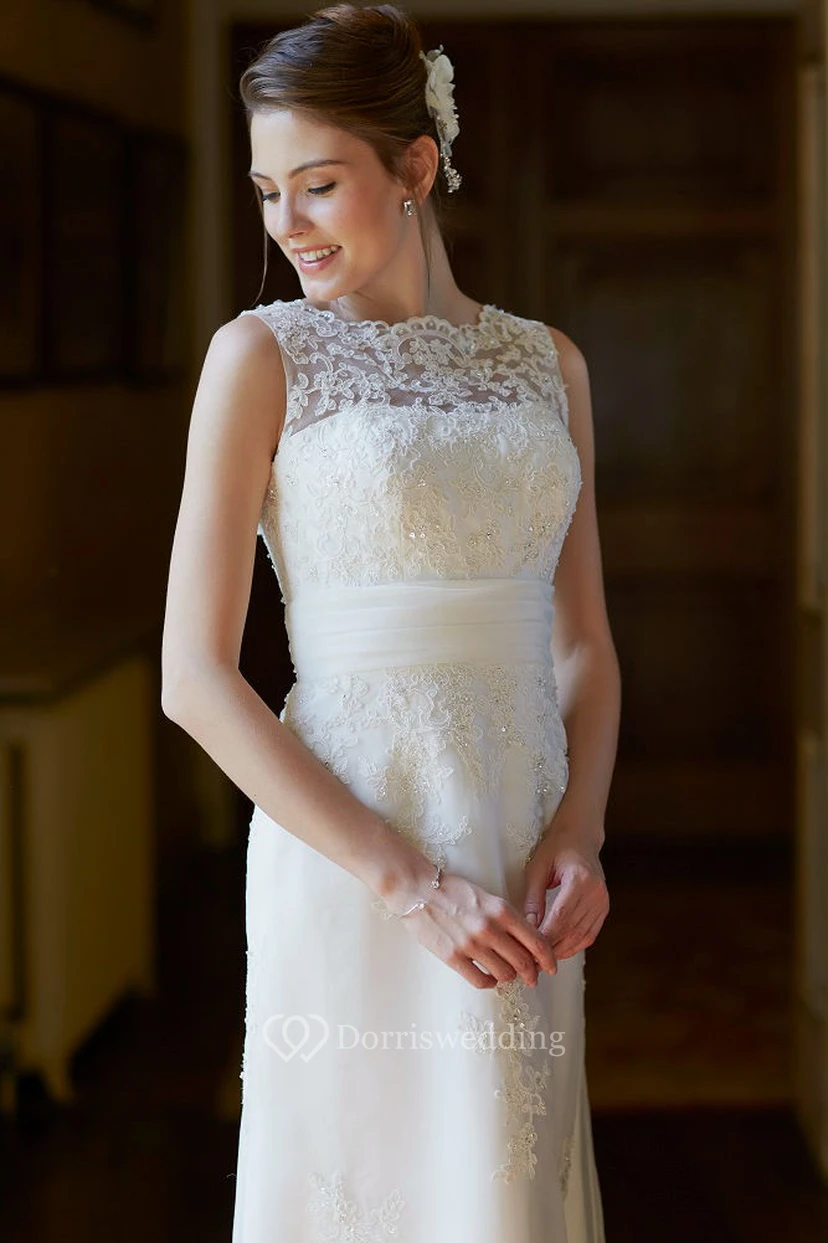 A-Line Bateau Appliqued Maxi Sleeveless Lace Wedding Dress With Low-V Back And Sweep Train view 4