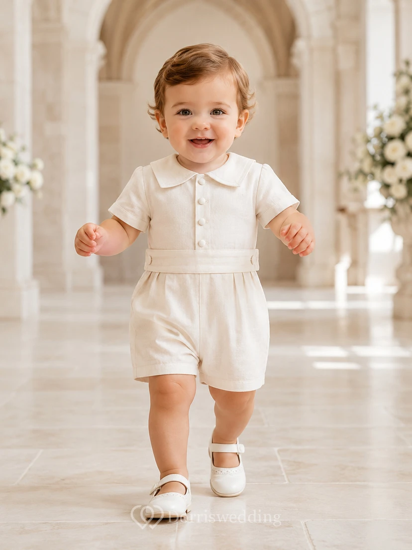 White Button Bib Peter Collar Short Sleeve Christening Romper for Baby Boy