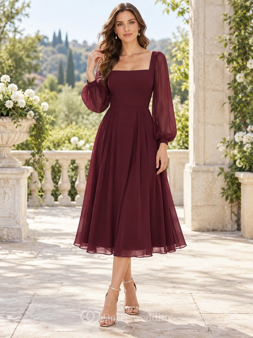 Long Sleeve Square Neck Burgundy Chiffon Bishop Midi Formal Dress