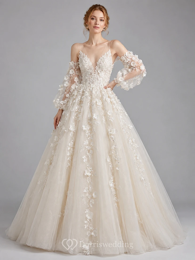 Detachable Floral Sleeve Tulle Ball Gown Studio Bridal Dress