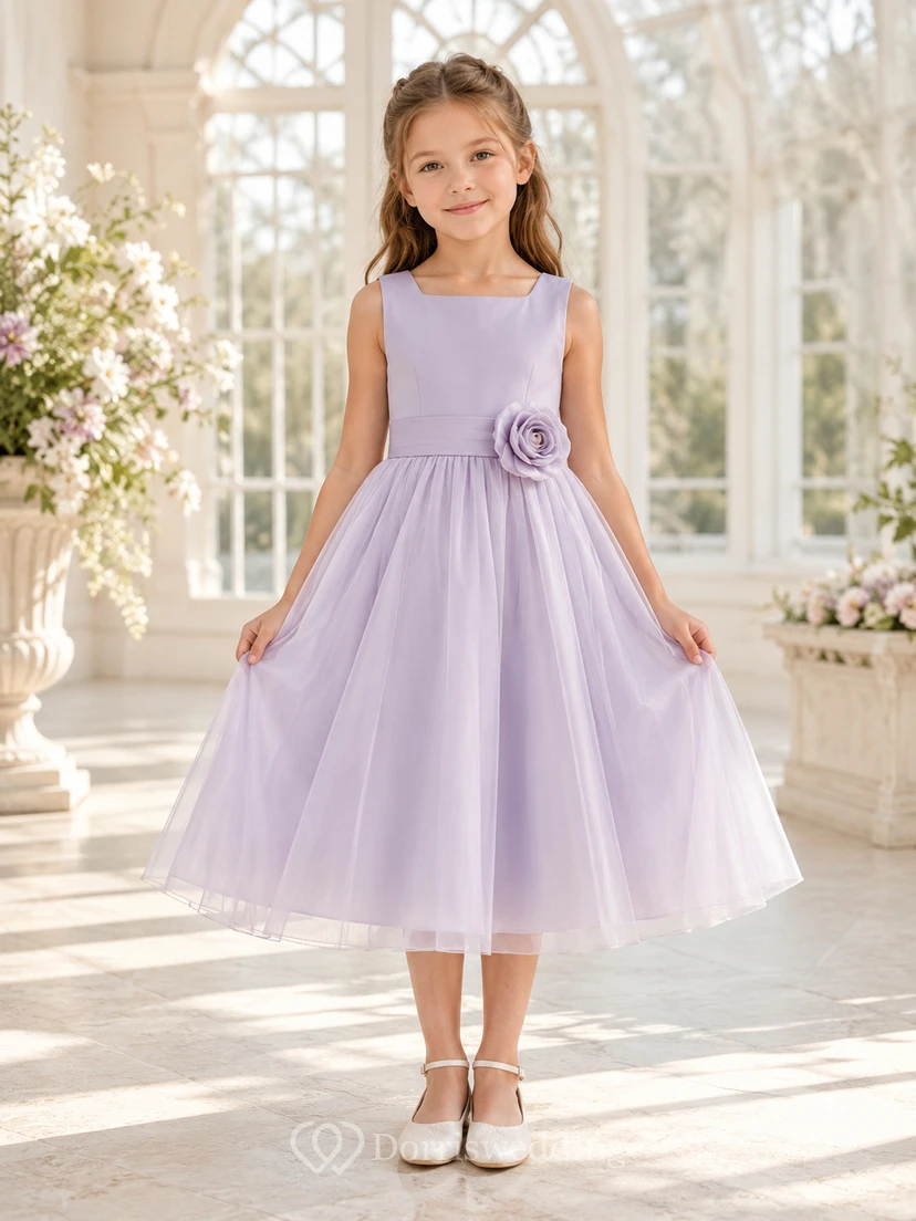 Lavender Rosette Tulle A-Line Flower Girl Dress with Jewel Neck and Tea-Length Skirt
