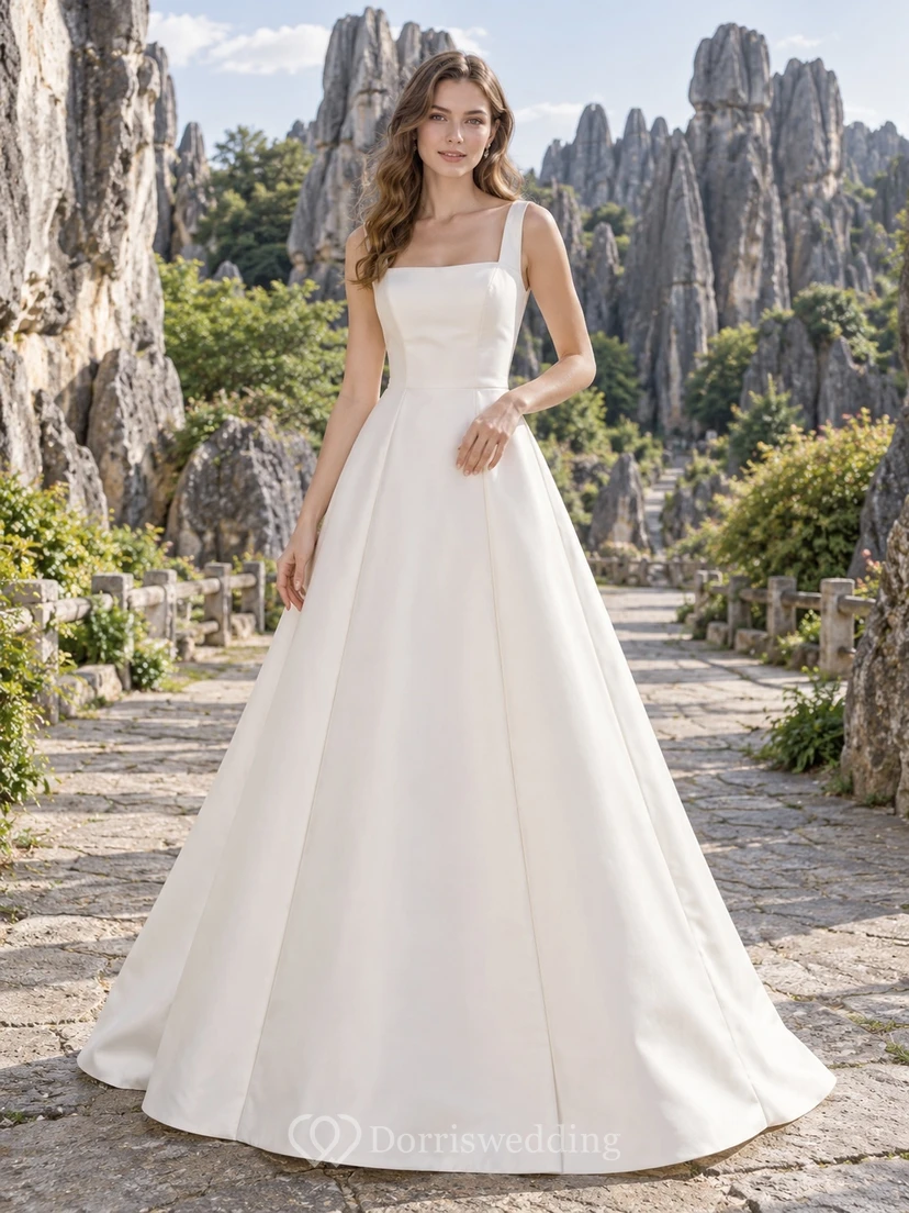 Vestido de novia sencillo de corte A con escote cuadrado y sin mangas.