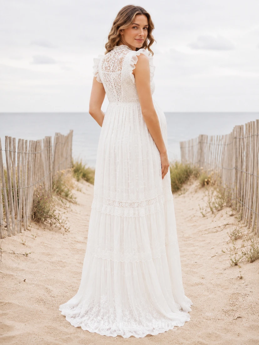 Weißes, romantisches Strandkleid mit hohem Kragen, Spitzenbesatz und Stufenrock view 2