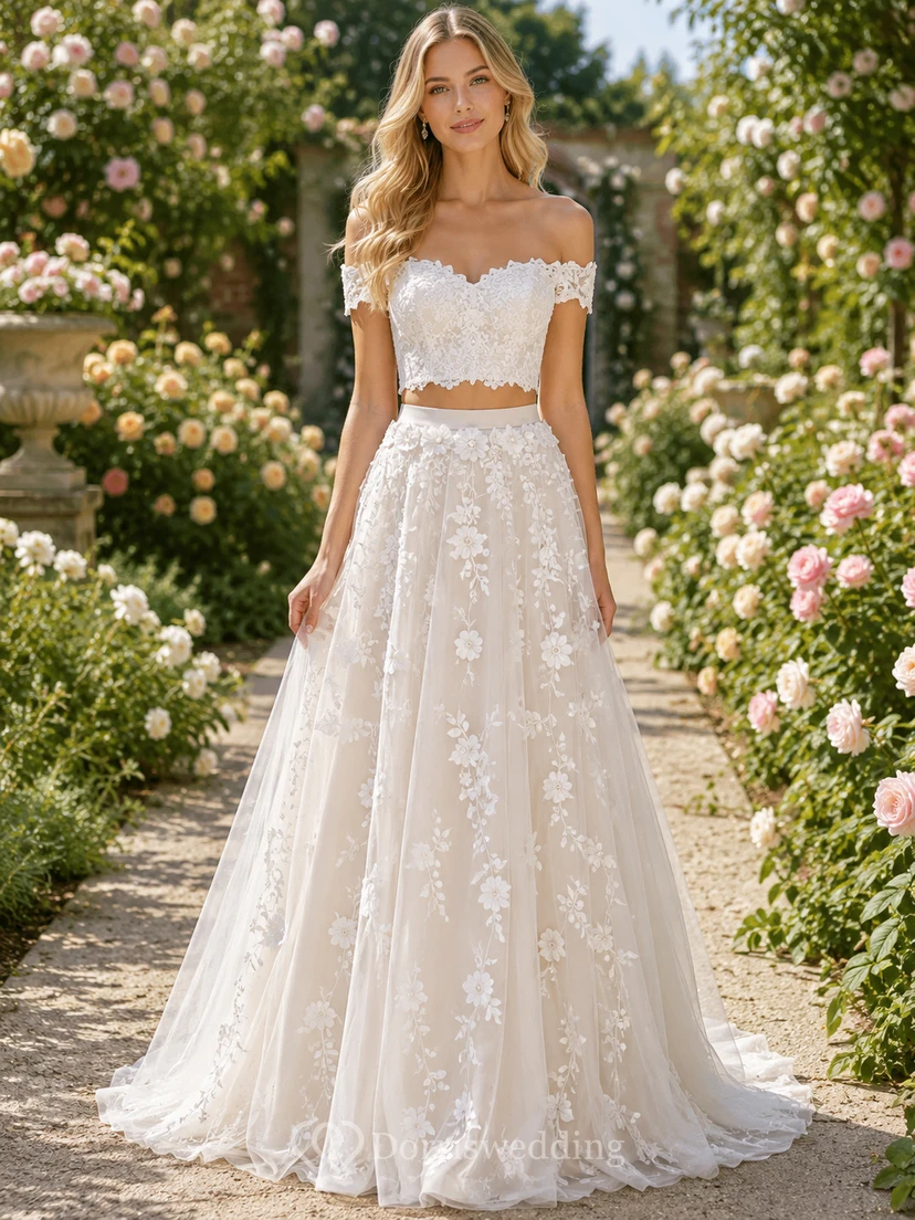 Robe trapèze deux pièces en dentelle de jardin à appliqués floraux