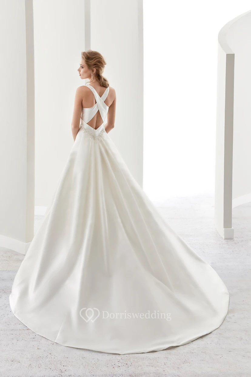 Square-Neck Satin A-Line Bridal Gown With Beaded Belt And Crisscross Straps Back view 2