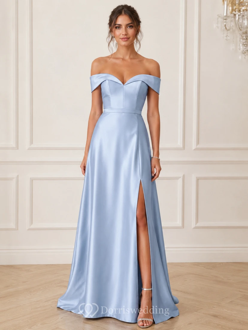 A-Line Off-the-Shoulder Short Sleeve Satin Prom Dress with Slit