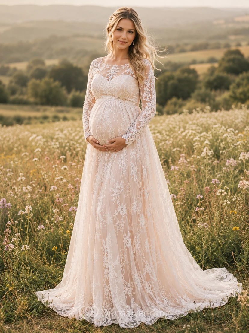 Maternity Long Sleeve Lace Scoop Neck Empire Chapel Wedding Dress