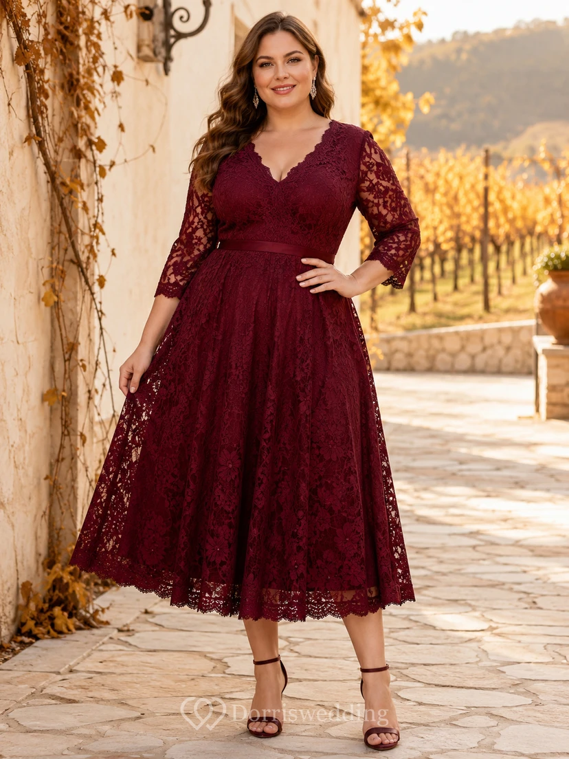 Burgundy V Neck Three Quarter Sleeve Lace Tea Plus Size Guest Dress