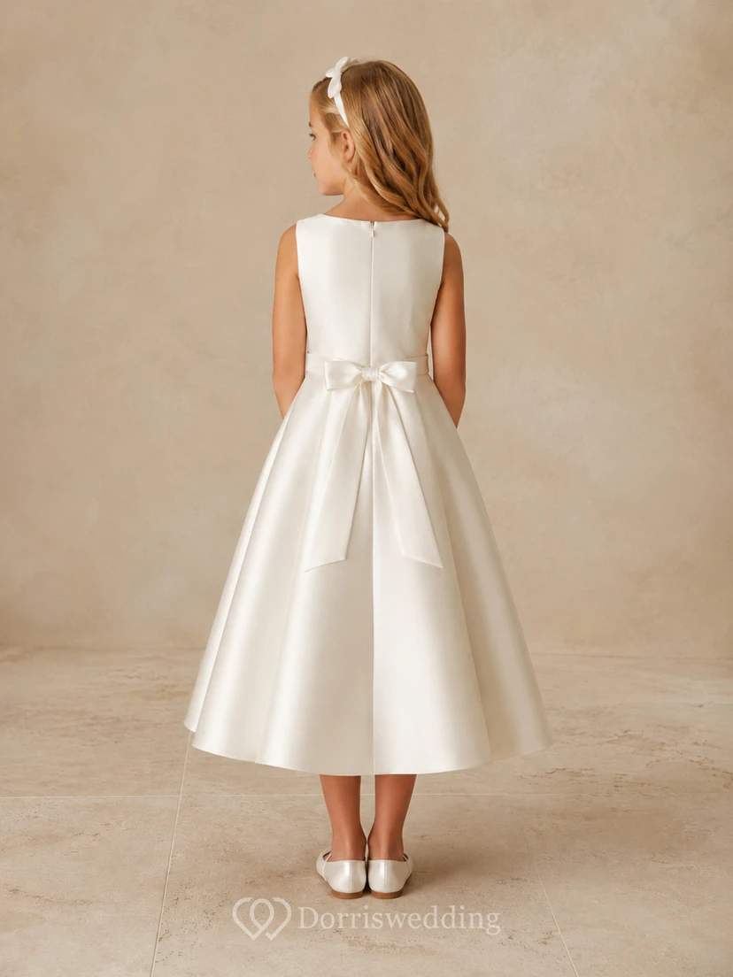 Luxuriöses, minimalistisches A-Linien-Blumenmädchenkleid aus elfenbeinfarbenem Satin mit Schleife am Rücken, ärmellos, mit Rundhalsausschnitt und wadenlangem Rock view 2