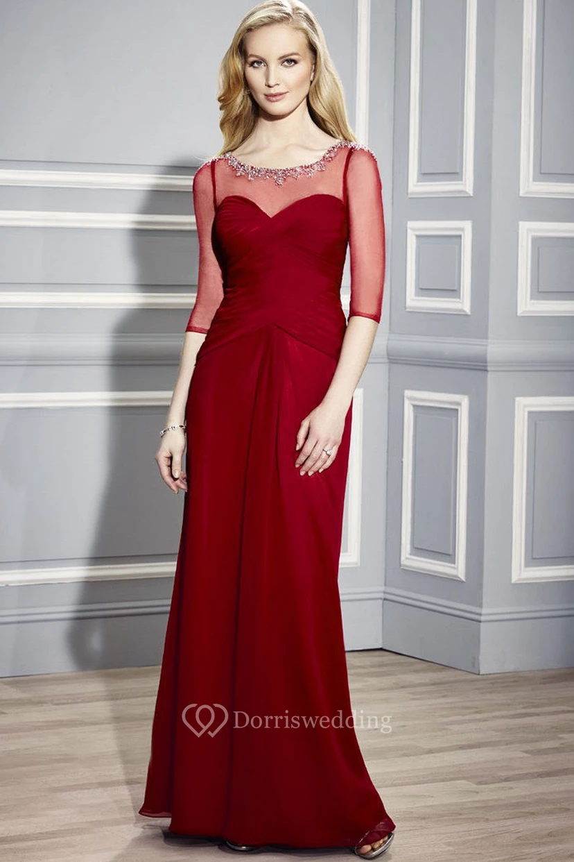 Jerseykleid für die Mutter der Braut mit Rundhalsausschnitt, 3-4 Ärmeln und gekreuzten Trägern