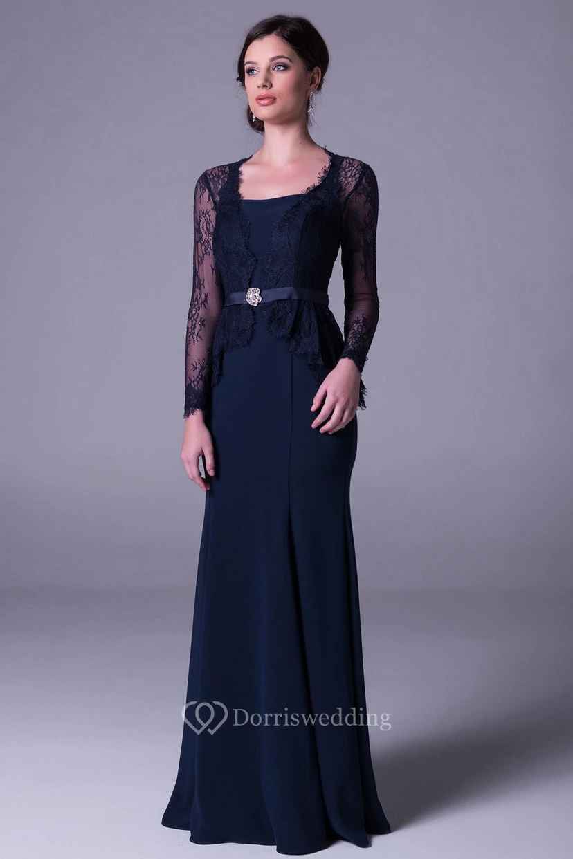 Sheath Long-Sleeve Long Lace Square-Neck Prom Dress With Broach