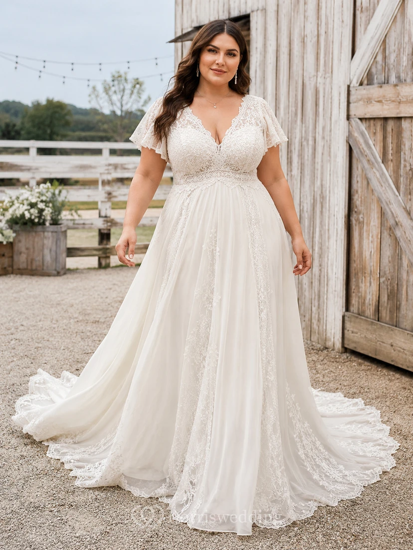 Plus Size Romantic V-Neck Short Flutter Sleeve Floral Lace A-Line Chapel Train Wedding Dress