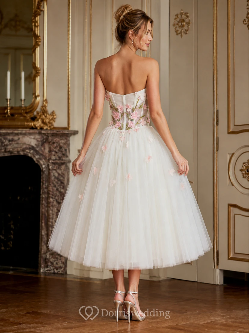 Ivory Strapless Cocktail Dress with Floral Appliqué view 2