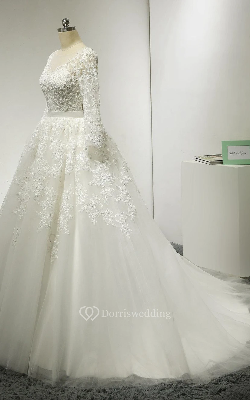 Lace and Tulle 3-4 Sleeve Bateau Neck Dress With Low-V Back view 3