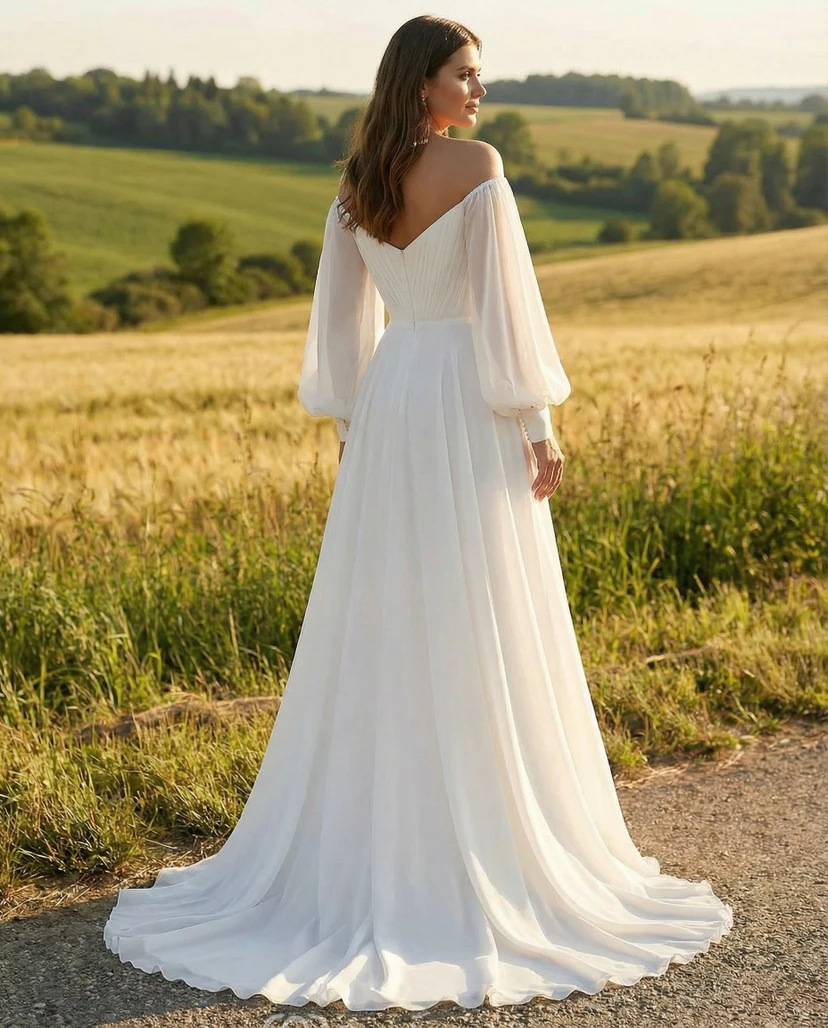 White Off Shoulder Maternity Wedding Dress with Poet Sleeves view 2