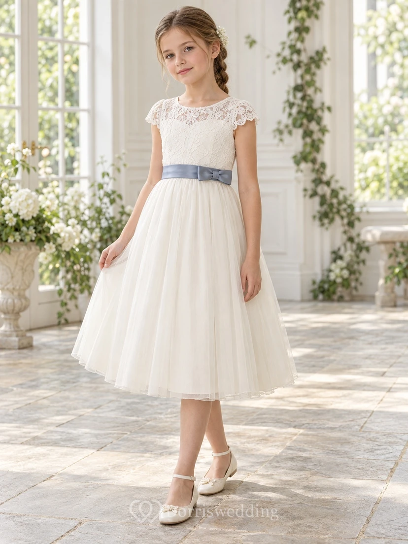 Tea-length Ivory A-line Lace Tulle Cap-sleeve Blue-sash Illusion Flower Girl Dress