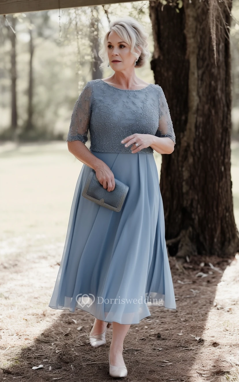 Robe de mère de la mariée bleue en mousseline, col rond, manches mi-longues, à encolure ronde