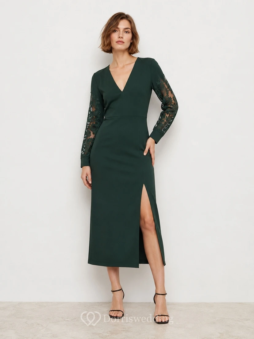 Vestido formal de manga larga con escote en V y abertura, color verde oscuro, de punto.