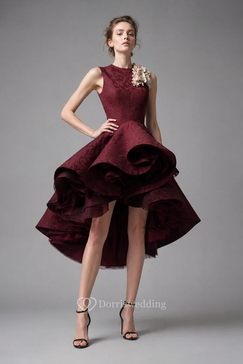 Vestido de cóctel/boda/fiesta negro formal gótico asimétrico con volantes y múltiples capas y escote joya view 7