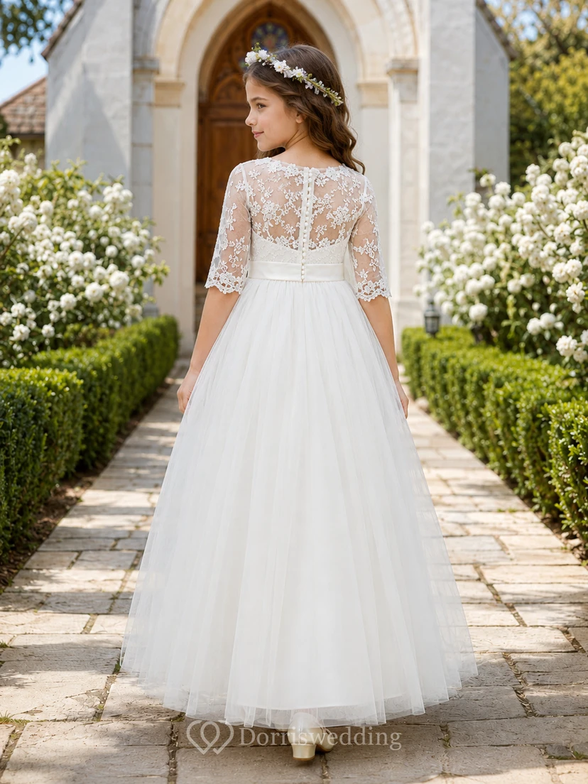 Weißes Kommunionsballkleid mit herzförmigem Ausschnitt und Illusionsausschnitt, Ellbogenspitze view 2