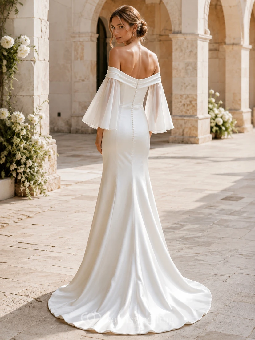 Elegant Off Shoulder Half Bell Sleeve Draped Satin Sheath Court Train Wedding Dress view 2