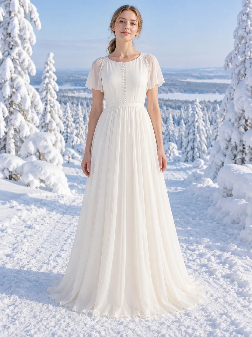 Vestido de novia sencillo y discreto de gasa, corte en A, escote redondo y mangas cortas transparentes.