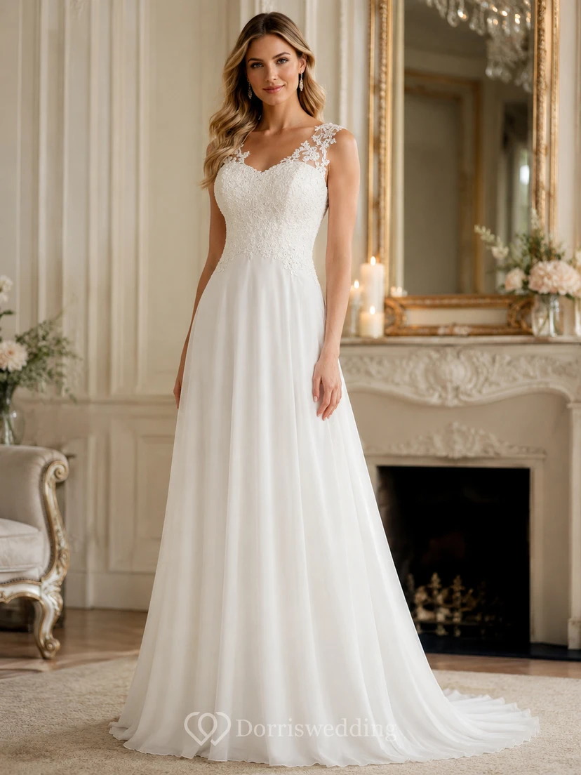 Vestido corto con tirantes, escote corazón en V, fruncido ilusión, apliques de cuentas, bordado de flores, cola de pincelada con flores de ilusión, sin espalda, cremallera, espalda con cordones de ilusión, tirantes con abertura, encaje y lentejuelas.